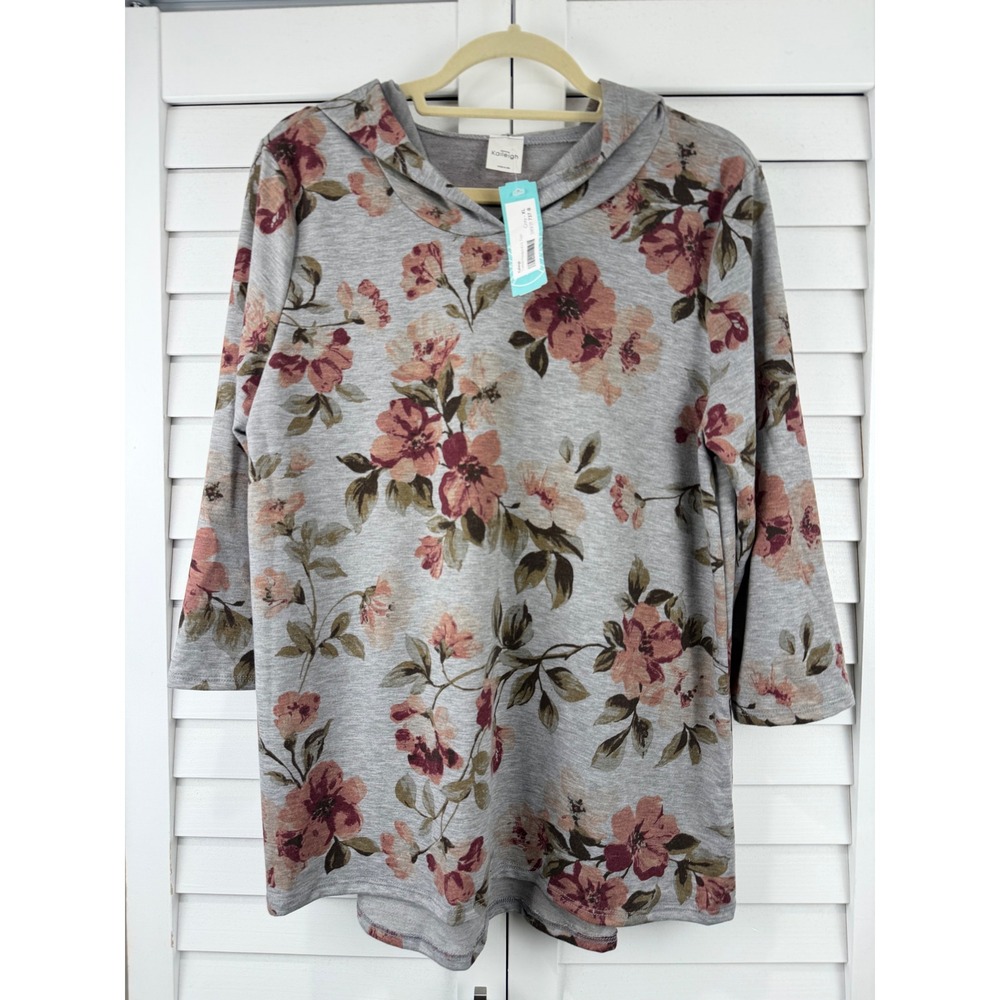 Kaileigh Hooded Knit Top XL‎ Grey Floral 3/4 Sleeve NEW